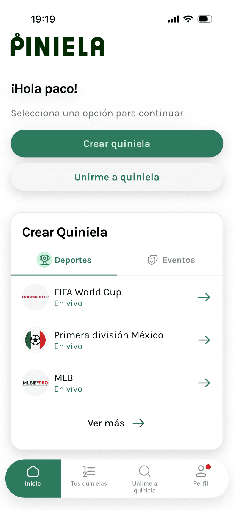 Pantalla de inicio de la app Piniela con quinielas del Mundial, Liga MX y MLB