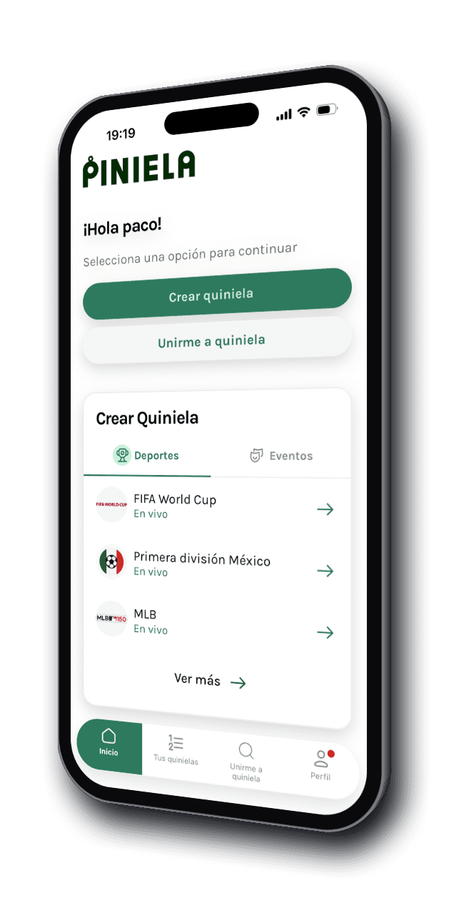 Pantalla de inicio de la app Piniela mostrando quinielas del Mundial, Liga MX y MLB