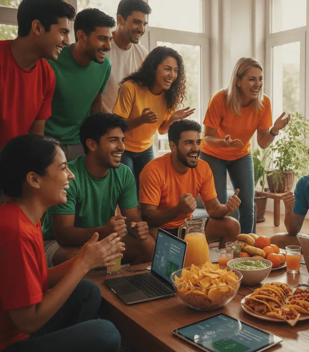 Grupo de amigos con playeras lisas de colores celebra alrededor de una mesa con botanas y jugos