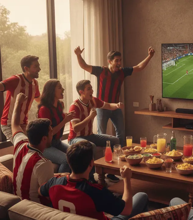 Amigos con camisetas rojiblancas y rojinegras celebran frente a la tele durante un clásico de futbol