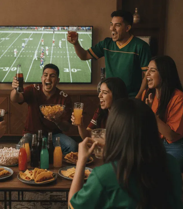 Amigos con jerseys de futbol americano celebran frente a un partido en la tele